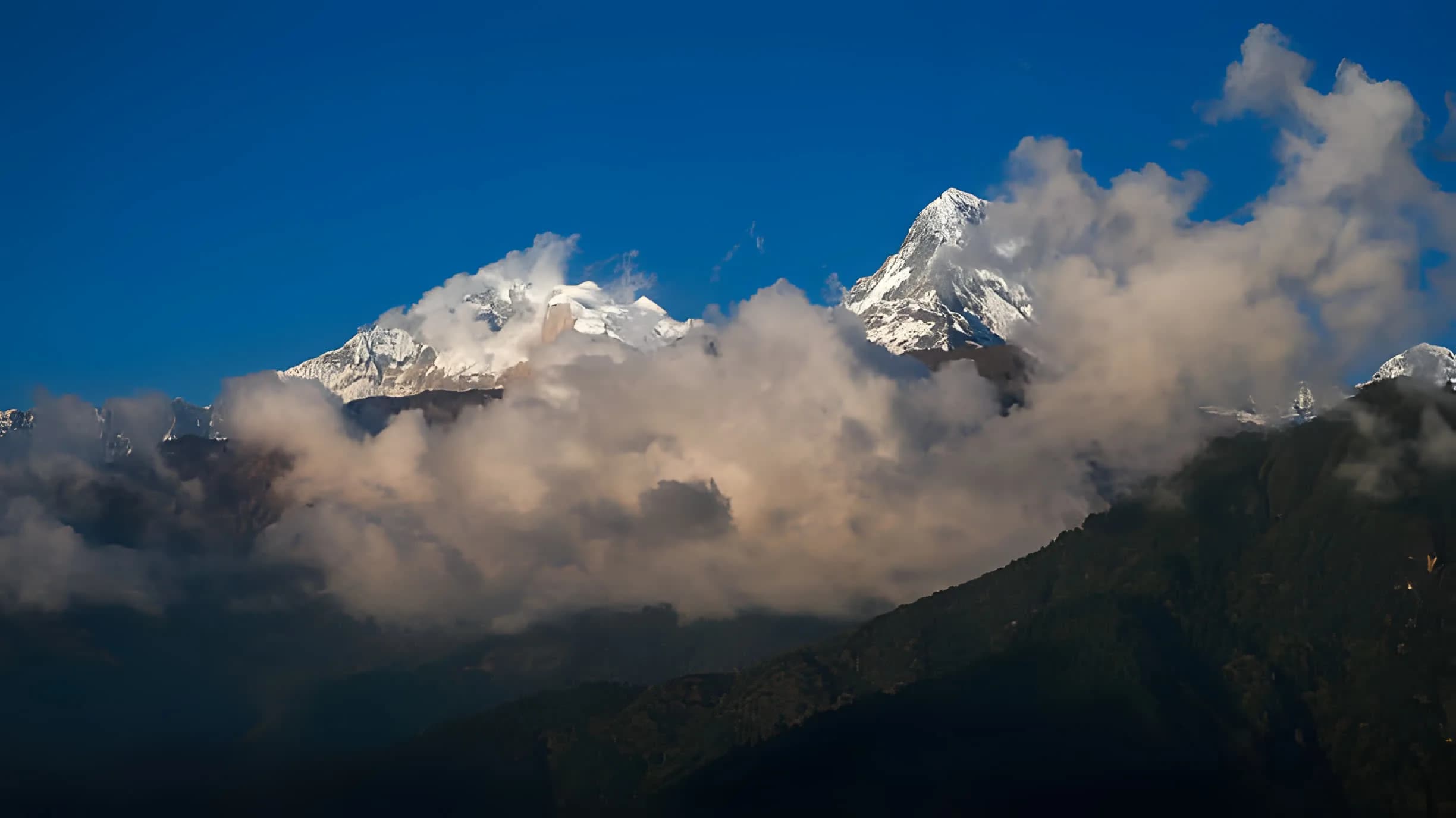 Snow peaks of the Annapurna range rising above a bank of cloud