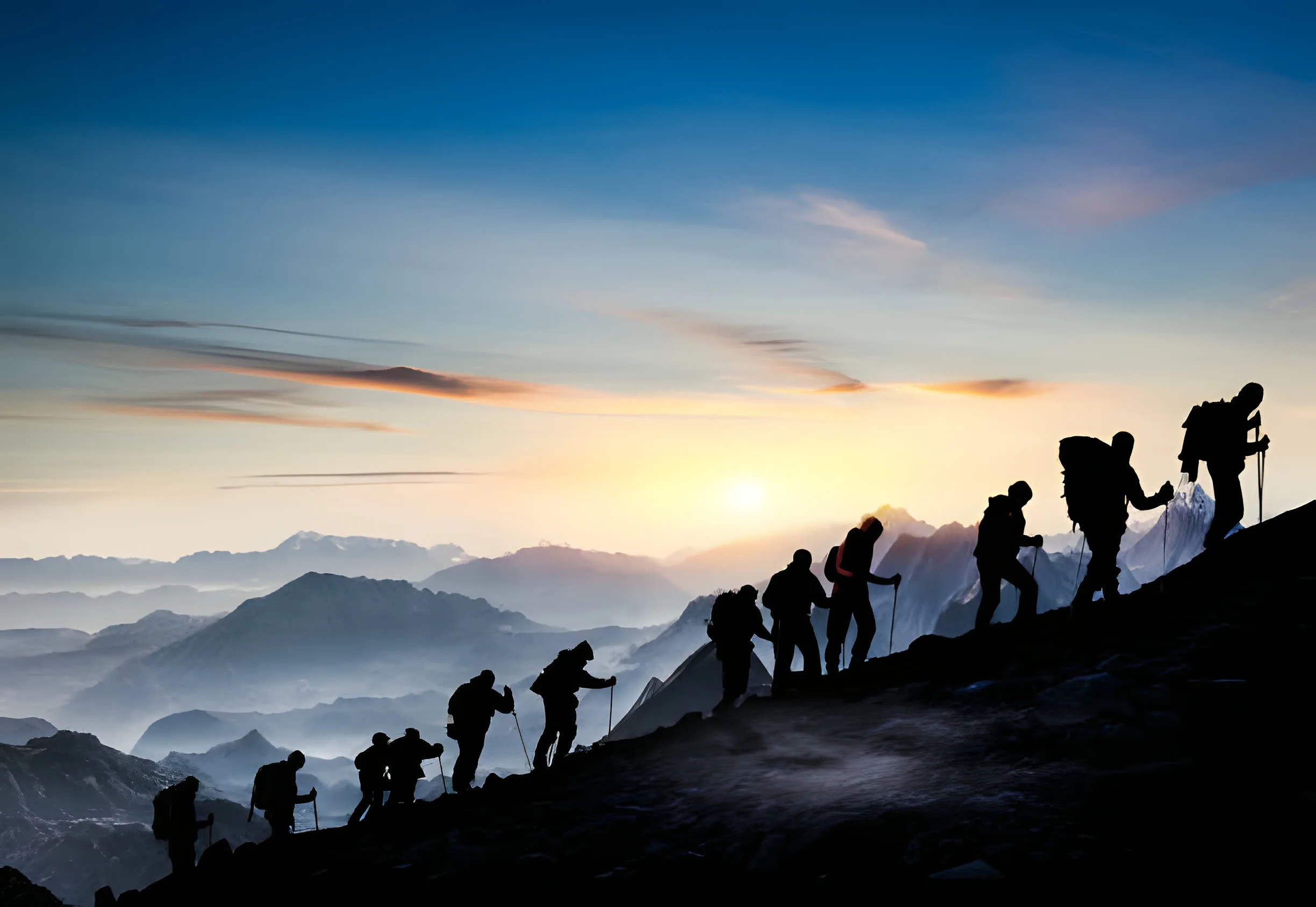 Trekkers on the Mardi Himal ridge at sunset, with the Annapurna skyline behind them