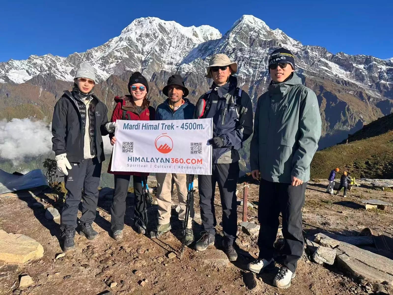 A Himalayan 360 group at the Mardi Himal Upper Viewpoint, Annapurna South behind